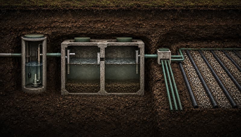 Underground cutaway of a septic system showing lift station, two chamber tank, distribution box and drain field